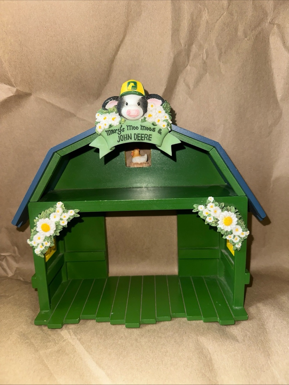 Mary’s Moo Moos John Deere Green and Blue Mini Barn Shelf with Floral Cow Accent